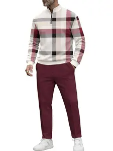Men's Daily Streetwear Set Plaid Half-Zip Sweatshirt & Wine Red Pants Comfortable Versatile 2-Piece