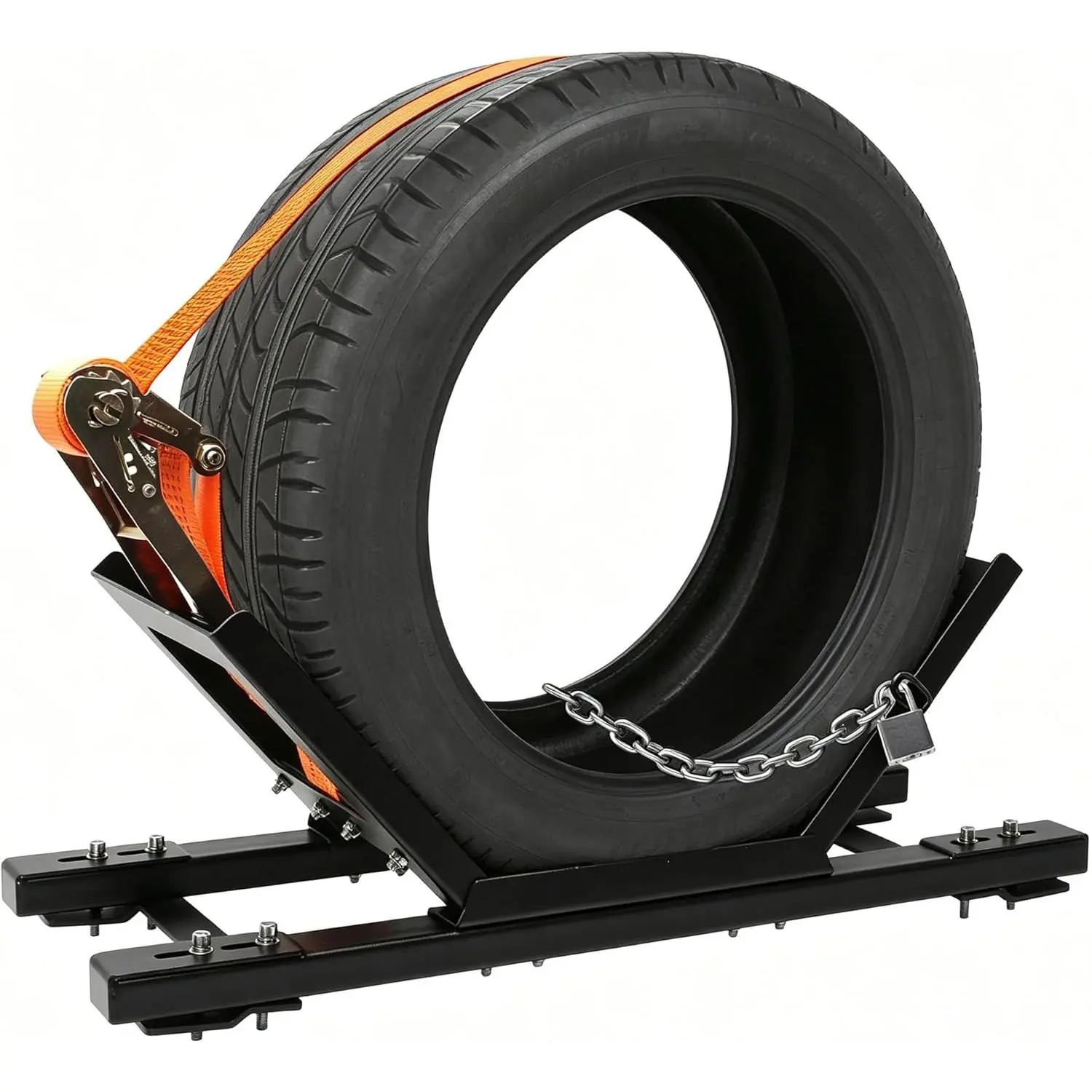 Heavy Duty Steel Adjustable Semi Truck Spare Tire Rack - All-Season Secure Storage Carrier Mount with Ratchet Strap, Chain, Lock, No Universal Fit Gap, Fits 25.1"-27.1" Semi Trucks & Trailers, Includes Chain Lock