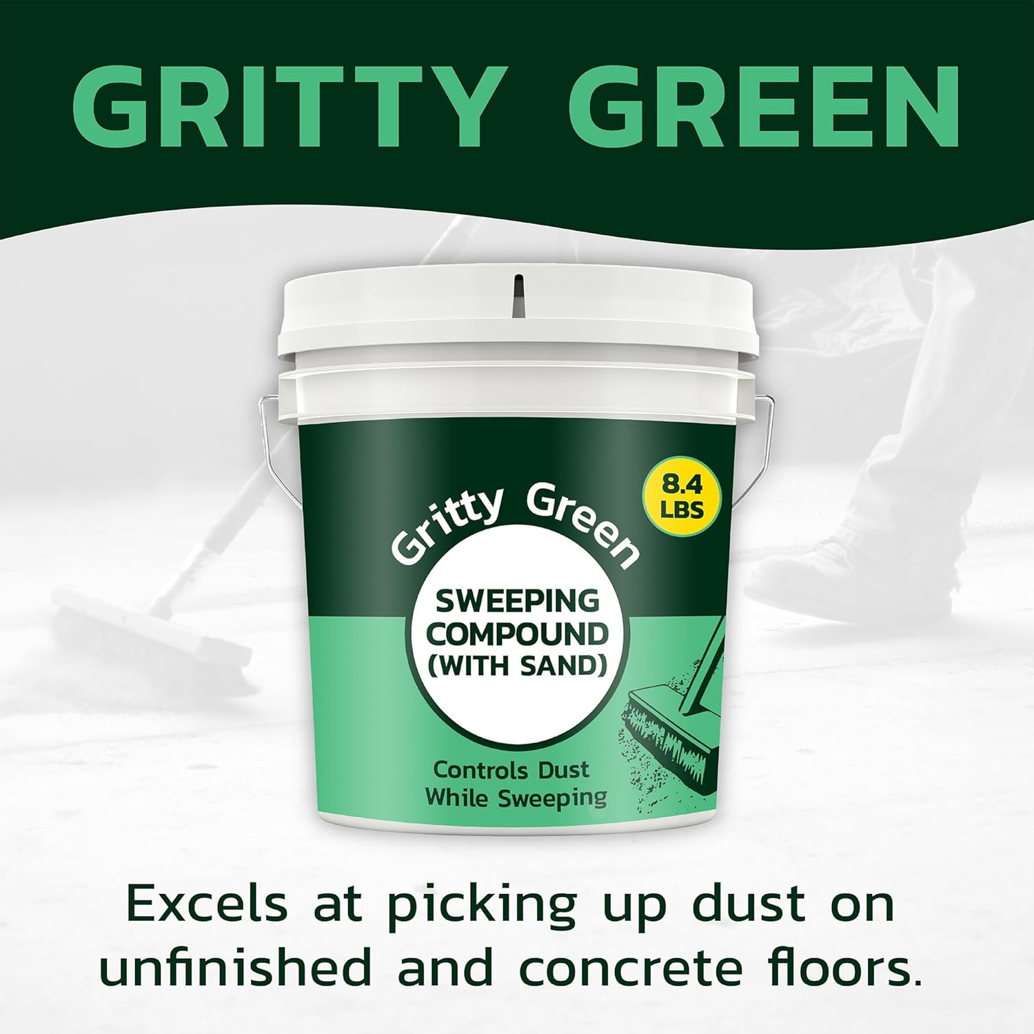 Household Gritty Green Sweeping Compound with Sand - Unscented, Oil-Free, USA-Made (8.4 lbs), Effective Dust Control for Cement & Unfinished Floors, Breaks Up Loose Dust for Deep Clean