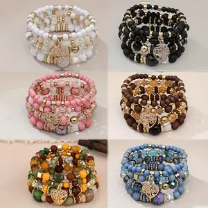 24pcs/ 6 Sets of Bohemian Beaded Bracelet Jewelry Set - Colored Rice Beads, Hollow Heart Pendant, Multi-Layer Design, Hand-Beaded, Fashionable Accessory for Men And Women