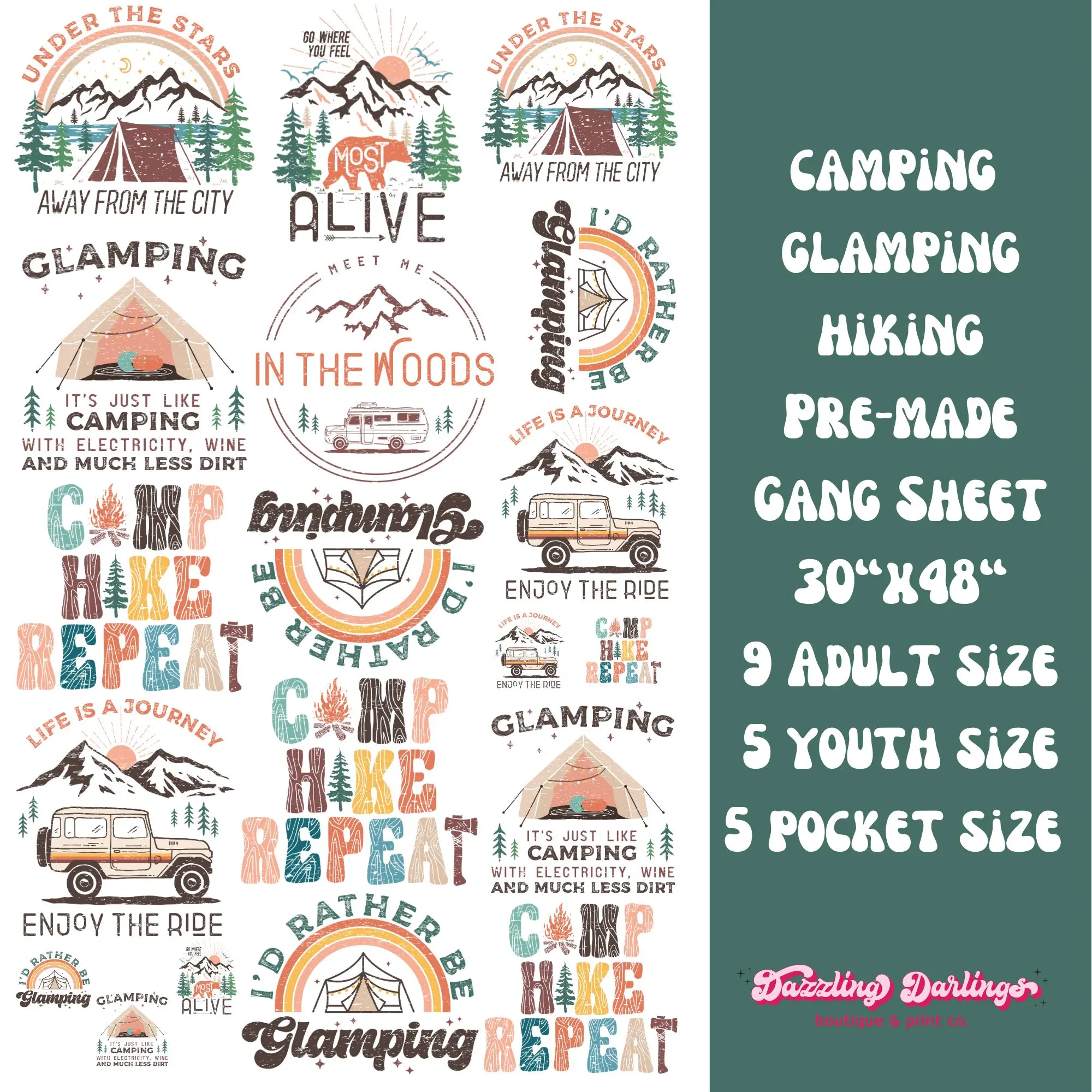 Camping Glamping Hiking- 30x48 - DTF Direct to Film Gang Sheet