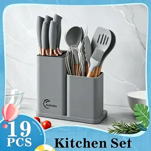 Professional 19-Piece Kitchen Knife Set, includichef's knife, paring knife, and scissors. Forgedfrom high-carbon stainless steel for excellentsharpness, and equipped with non-slip griphandles. Suitable for everyday use in homekitchens.