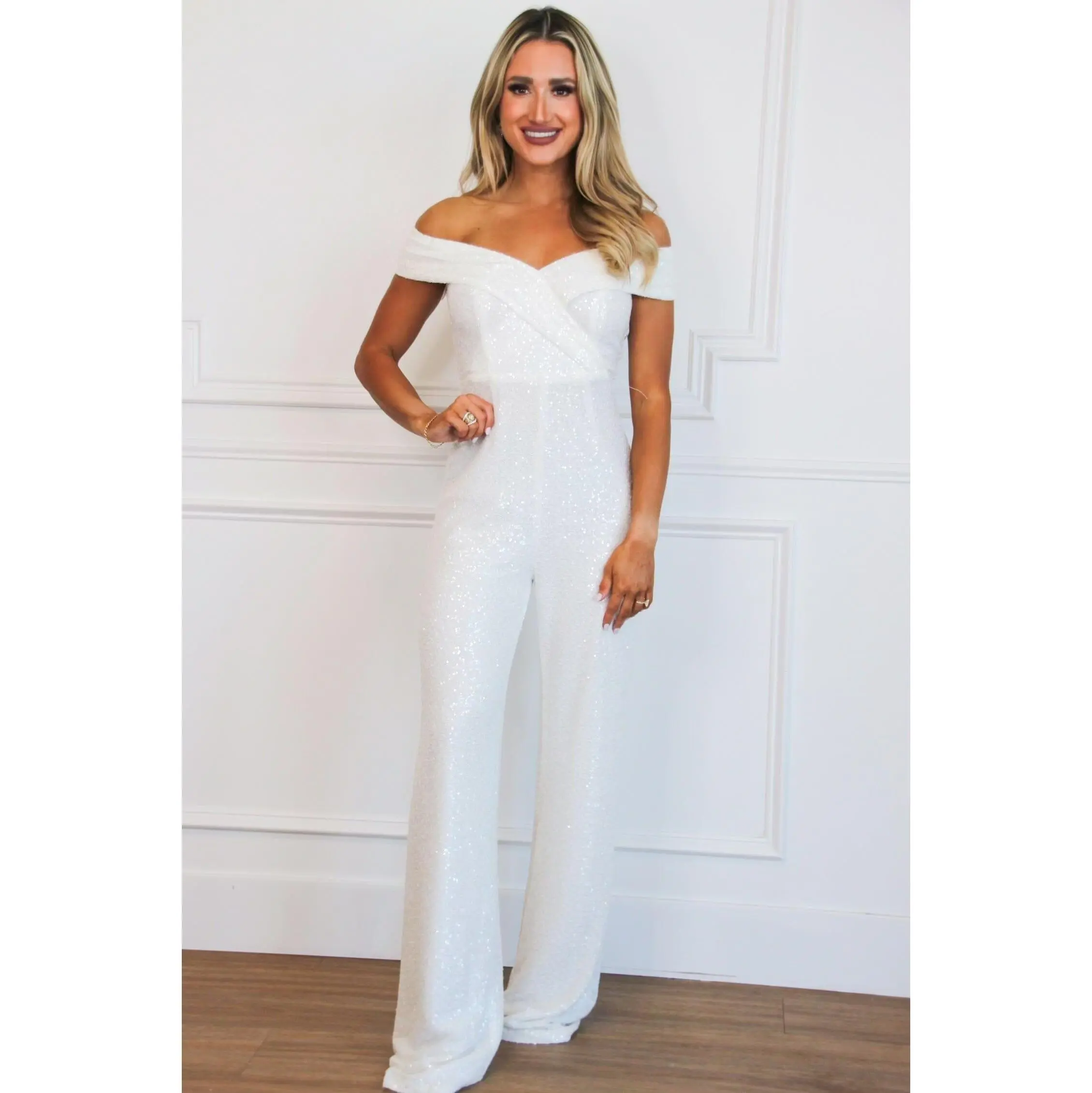 Always Been You Off Shoulder Sequin Jumpsuit: White