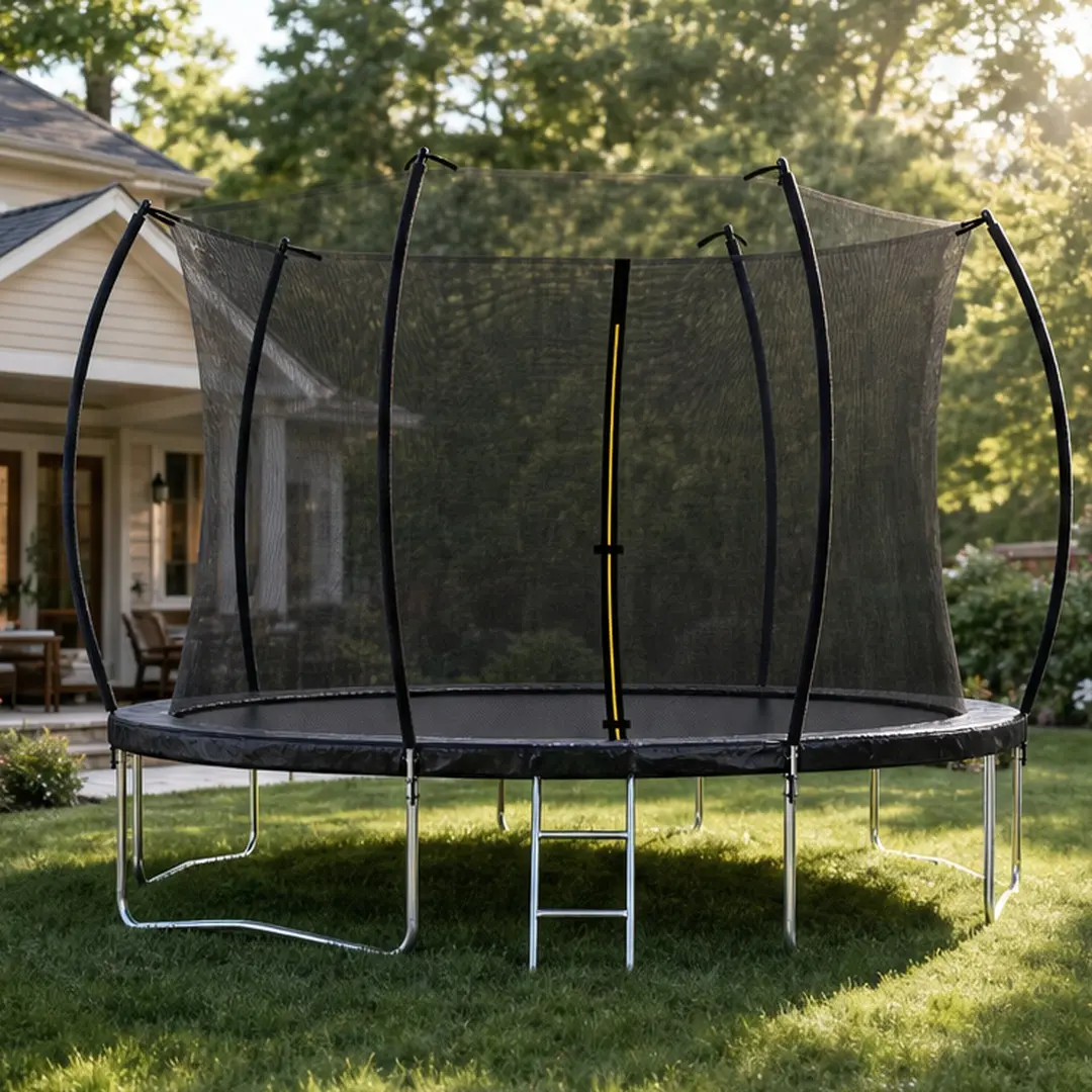 ARCH 14FT High-Bounce Outdoor Trampoline - Galvanized Heavy-Duty Steel Frame, 360° Safety Net Enclosure, Easy-Access Ladder, 72 Springs, Arc-Shape Pole, Double-Sided Color Pad, 6 W-Shaped Legs, Backyard Jumping Mat (Black/Blue, Black), Galvanized Steel, B
