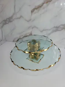 STACKED GLASS CAKE STAND WITH TEXTURED GOLD RIM (2 SIZES)