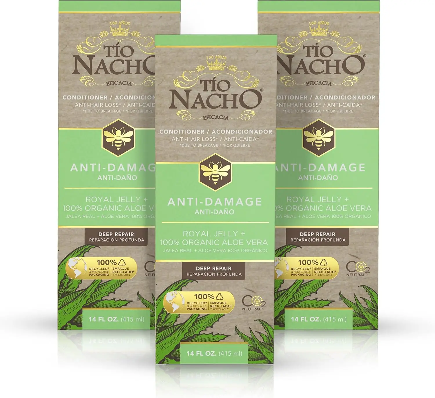 Tio Nacho Aloe Vera Deep Repair Haircare Conditioner (3 Pack, 14 Oz Each) - 100% Organic Aloe Vera, Royal Jelly, Vegetable Keratin, Hydrating, Nourishing, Repairing, Frizz-Controlling, Paraben & Salt-Free for Softness & Shine, Natural Beauty
