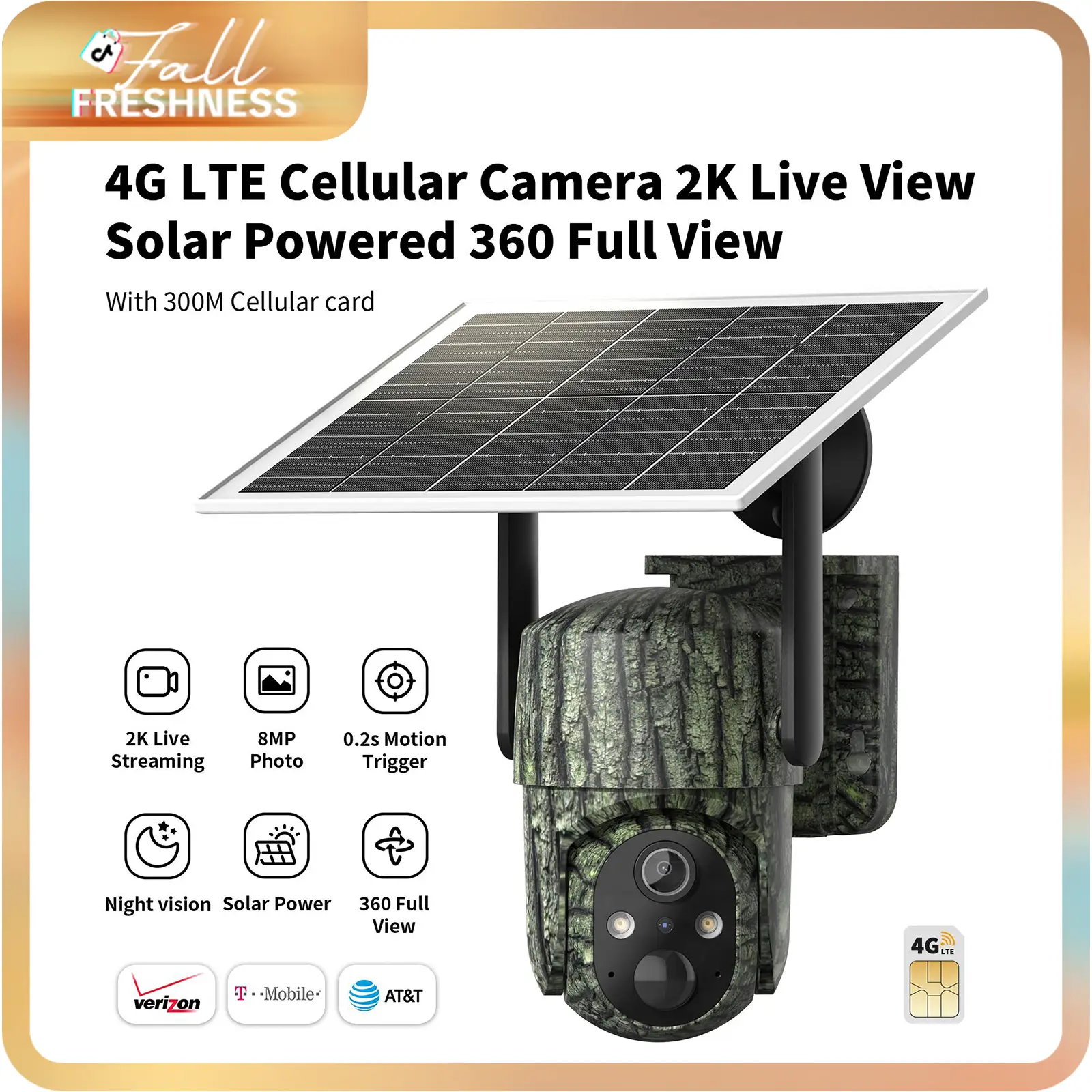 [FallFreshness] Leaf Green 4G LTE Cellular Solar Powered Surveillance Security Camera – 2K HDVideo 360°View, NoWiFi, Remote APP Controlled, Motion Ac