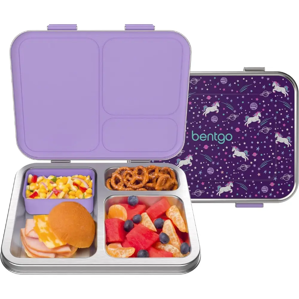 Bentgo Kids Stainless Steel Airtight Leak-Resistant 3-Compartment Tableware Lunch Box with Bonus Silicone Container, Durable, Eco-Friendly, Dishwasher Safe, BPA-Free, for School (Ages 3+) (Unicorn)