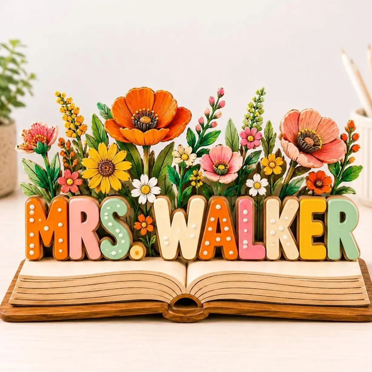 Personalized Teacher Name Wooden Block, Custom Floral Book Desk Decor, Teacher Classroom Gift,Teacher Appreciation Gift,Back To School Decor