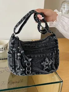 Casual Fashion Multi-Pocket Denim Bag, Smooth Zipper Design, Star Decoration, Shoulder Crossbody, Ideal for Daily Outing, Work, Commute