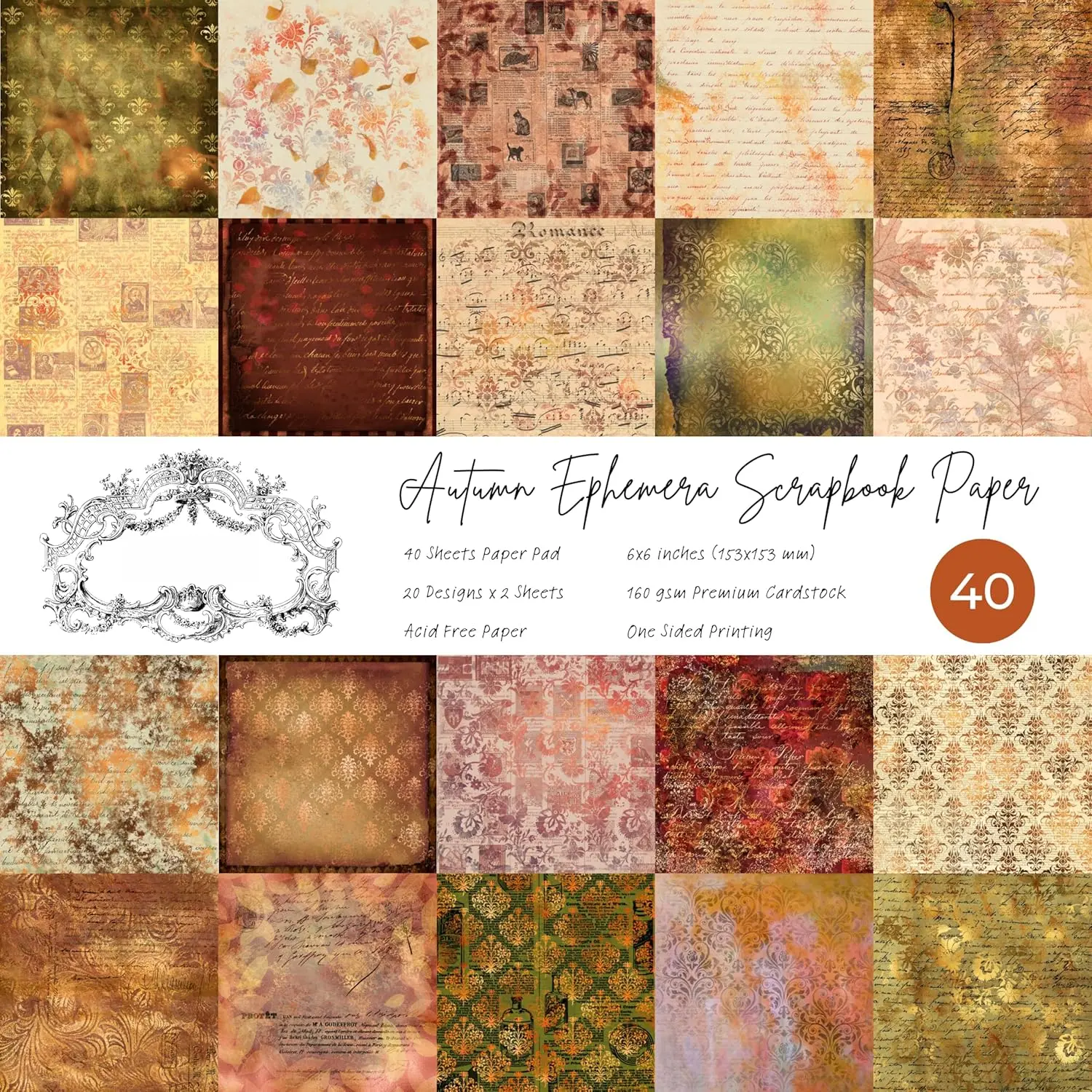 40 Sheets Autumn Scrapbook Paper, 6x6 Ephemera  Paper Pack for Journaling Notebooks, Sketchbook, Bookmark Making, Junk Journal, Fall Scrapbook Art Supplies