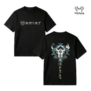 washed cotton Ariat Tribal Skull T-Shirt – Western Bull Skull & Feathers Graphic with Blue Aztec Patterns – Unisex Tee for Country Style &