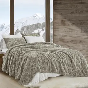 Velvet Queen Size Set, Luxurious Fuzzy Faux Fur Comforter Lightweight, Cloudy Soft Coverlet, Back Embroidery Bedding Machine Washable (Grey, Queen)