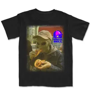 Taco Bell Alien Eat Taco Tee Unisex Cotton T-Shirt Fitted Quarter-turned 7/8" Rib Knit Collar 100% Cotton Medium Short Sleeve Men's & Women's Jersey All Seasons