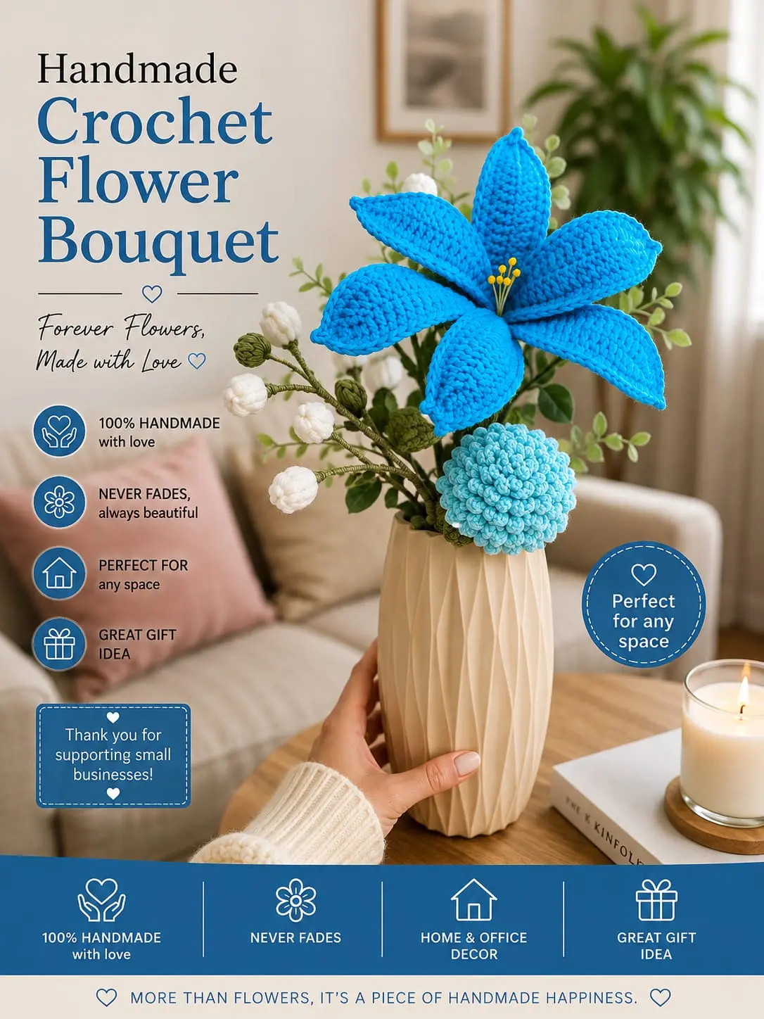 Handmade Crochet Flower Bouquet - Forever Flowers Made with Love 100% Handmade Never Fades Perfect for Any Space Great Gift Idea