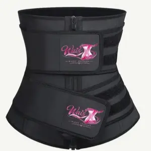 Waist Trainer - Black Waist Trainer with Pink Logo, Zipper Closure, and Striped Design