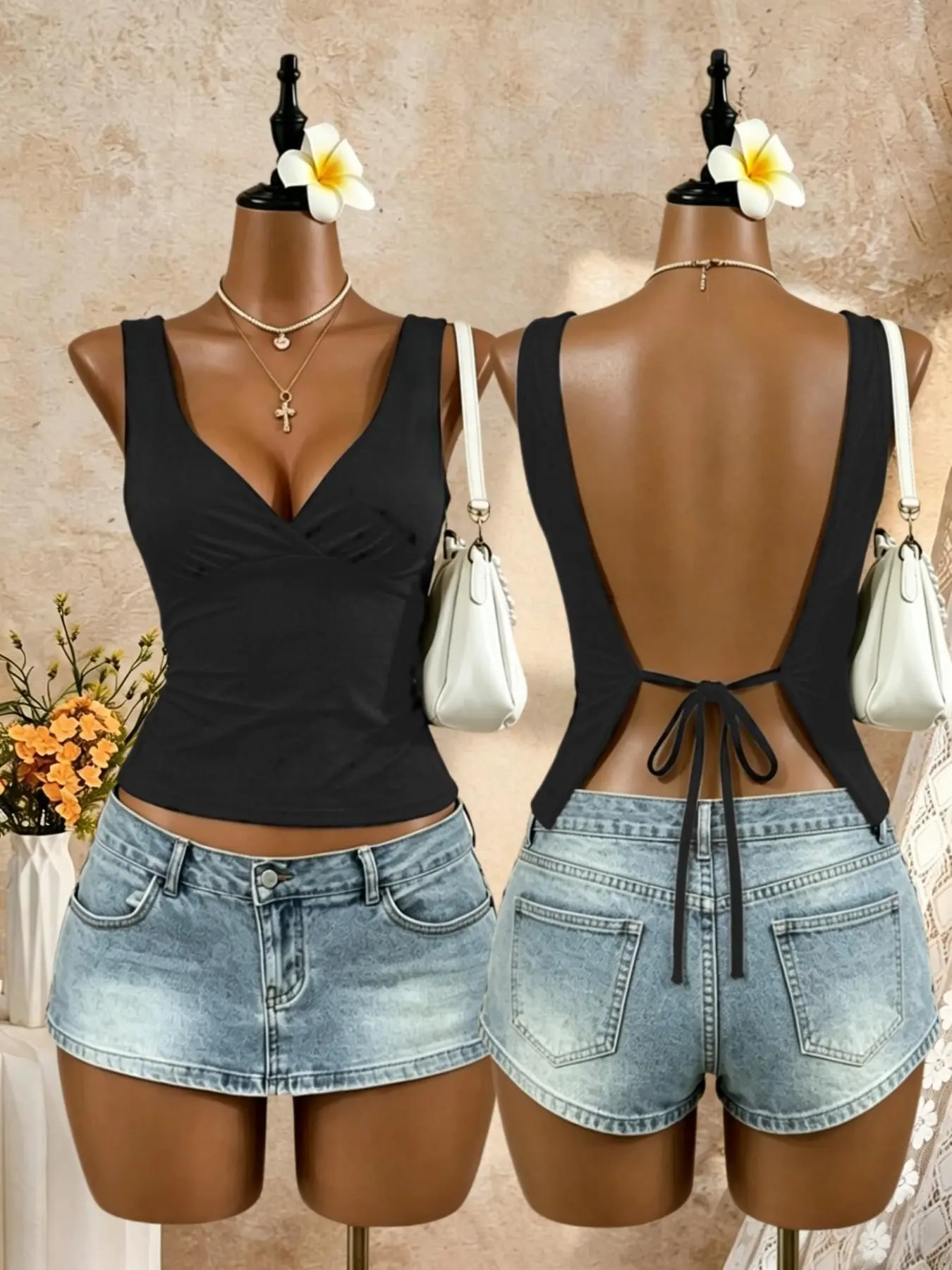 Women's Tie-Back Backless Top, Sexy V-Neck Sleeveless Shirt, Summer Party, Nightclub, Street Style, Slim Fit Halter Top, Backless Cami Top, Casual Backless Sleeveless, Camisole Tank Top