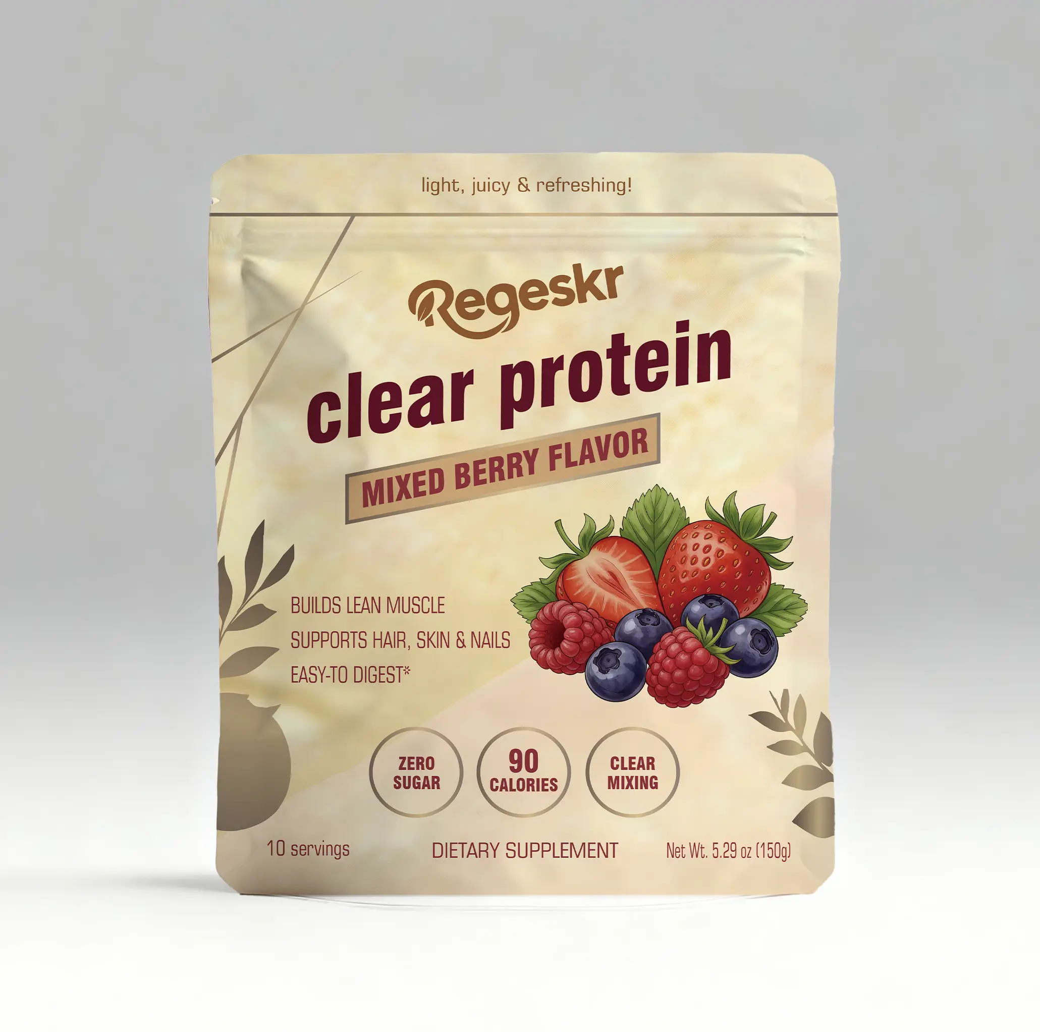 Regeskr Clear Protein Mixed Berry Healthcare Drink - 15g Protein, Collagen Peptides, 0 Sugar, 90 Calories, Lean Muscle & Hair/Skin/Nails Support, Easy to Digest, Clear & Refreshing (10 Servings), Camping Essentials