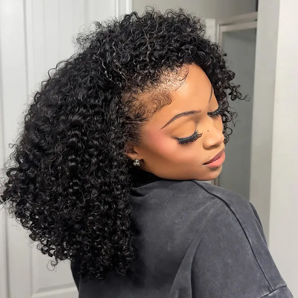 Kinky Curly Half Wig 100% Human Hair Glueless Ready Wear Wig Invisible Natural Hairline Beginner Friendly Upgrade Curly Headband Wigs 200% Density