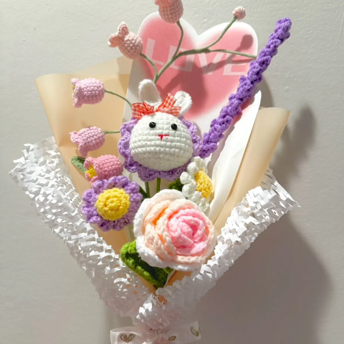 Crochet Bouquet, bunny, lily of the valley, daisy, pink rose, lavender