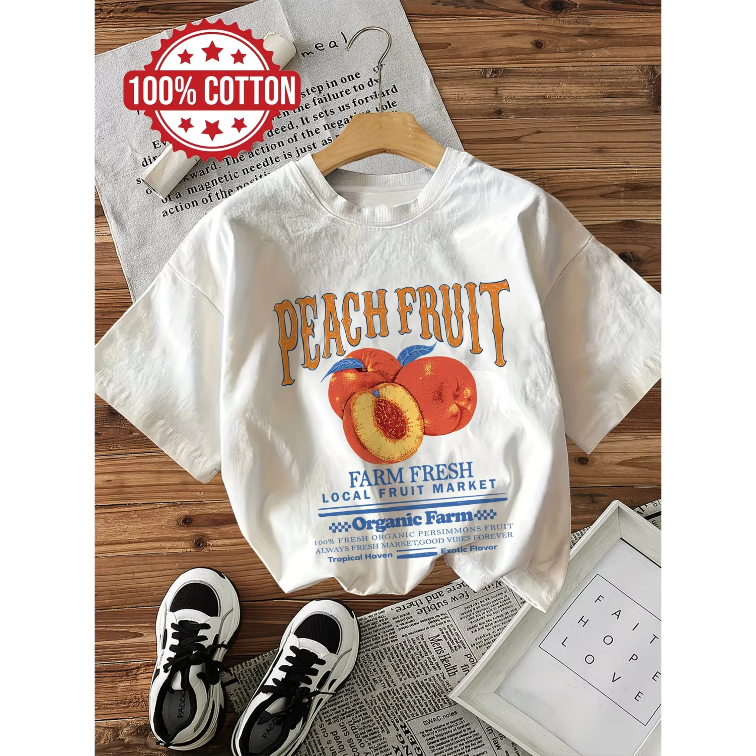 Women's Vintage Casual Short Sleeve Crew Neck T-Shirt, Peach Fruit T-Shirt, Women's Retro Good Graphic Tee, Trendy Gift T-Shirt, Everyday Wear, Unisex Funny Cotton Tshirt, Top Womenswear Streetwear