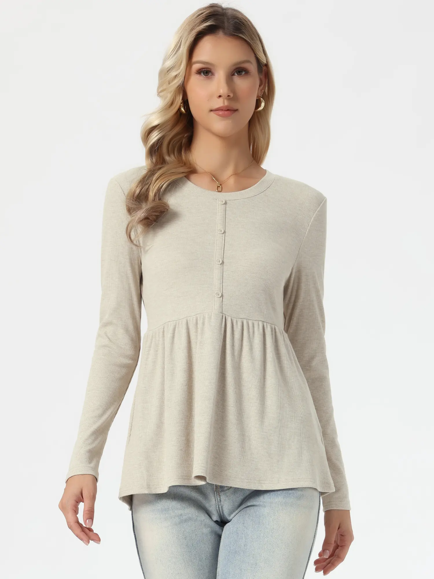 INSPIRE CHIC Peplum Sweater for Women's Pleated Round Neck Long Sleeve Button Fall Casual Knitted Babydoll Top