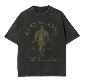 Gold's Gym Motivation Design With Golden Lettering Weightlifting Washed Round Neck T-Shirt 230gsm All Season Fitness Training Gear Sporty Vintage Crewneck