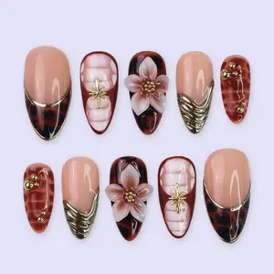 Autumn Press On Nails with Tortoise Shell, Gold & 3D Floral | Fake Nails in Medium Almond | Handmade Nail Art for Fall Parties Or Gifts