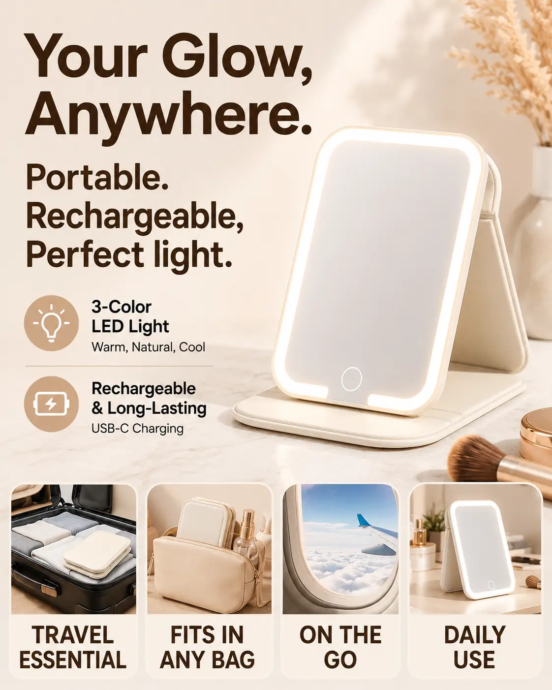Rechargeable Travel Makeup Mirror with Lights, Foldable LED Vanity Mirror, 3 Color Lighting Modes, Adjustable Brightness, Portable Compact Mirror with USB-C Charging for Travel, Office & Daily Use