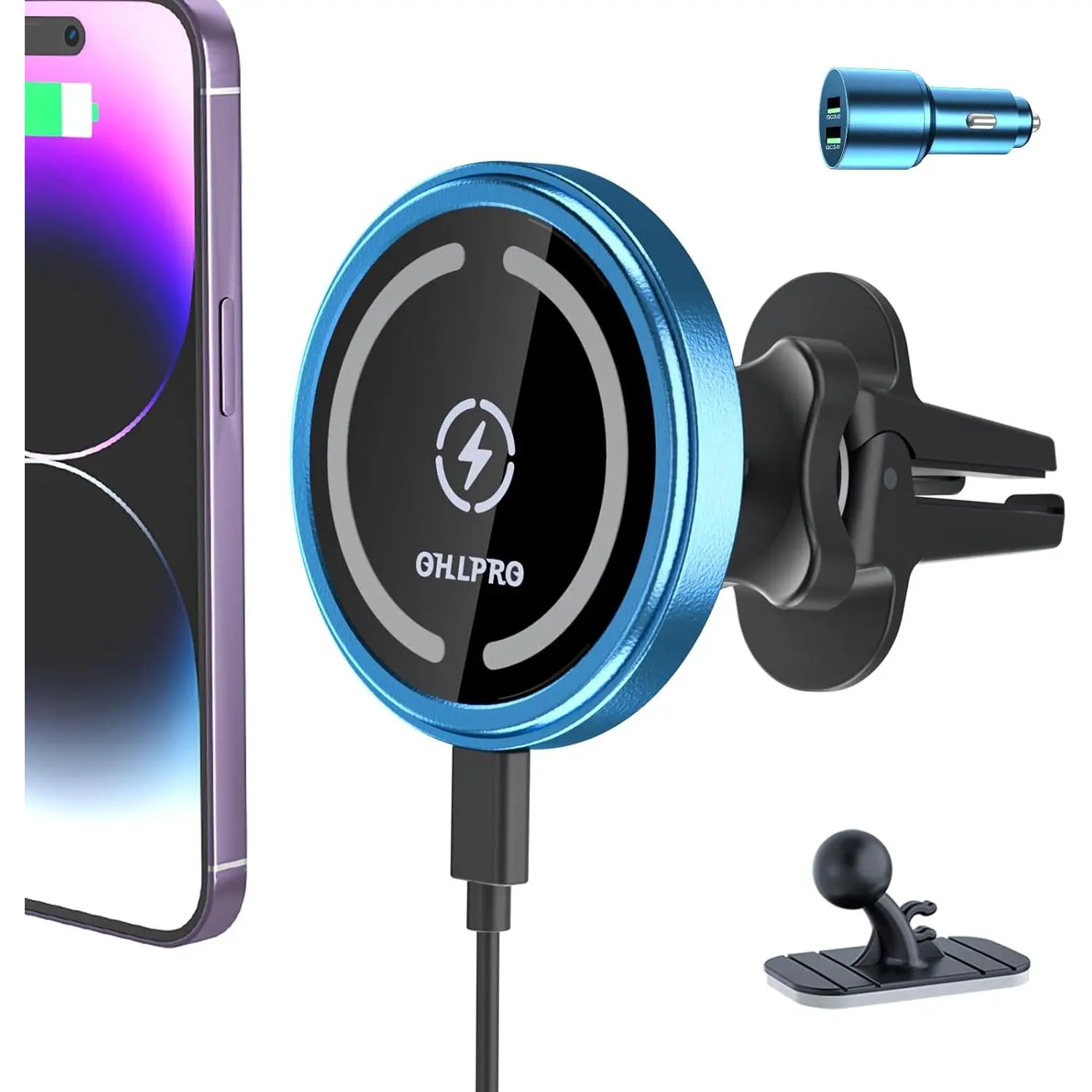 OHLPRO MagSafe Wireless Magnetic Car Phone Holder - 360° Adjustable, Foldable, Durable, Powerful Vacuum Suction, Noiseless Stable, iPhone Charger for Car, Fast  Adapter, Custom Monogram Pink Striped Case, Wireless Magnetic  ultra-fast in cable