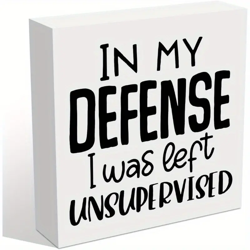 In My Defense Funny Office Desk Decor Wooden Box Decorative Signs, Desk Decorations for Office Home Cubicle Desktop Shelf, Wood Block Sign for Women Men Coworker Friends, 5x5 inch