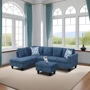 Blue Linen 3-Piece Sofa Set, Modern Cozy Fabric Couch, Breathable Linen, Sturdy Construction, Easy to Clean, Perfect for Small Spaces & Living Room Decor