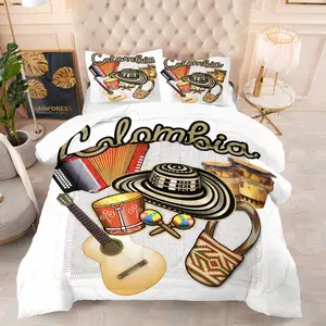 Colombian cultural elements illustration printed bedding set, including 1 blanket and 1 or 2 pillowcases without pillowcases, soft adult bedroom decoration gift