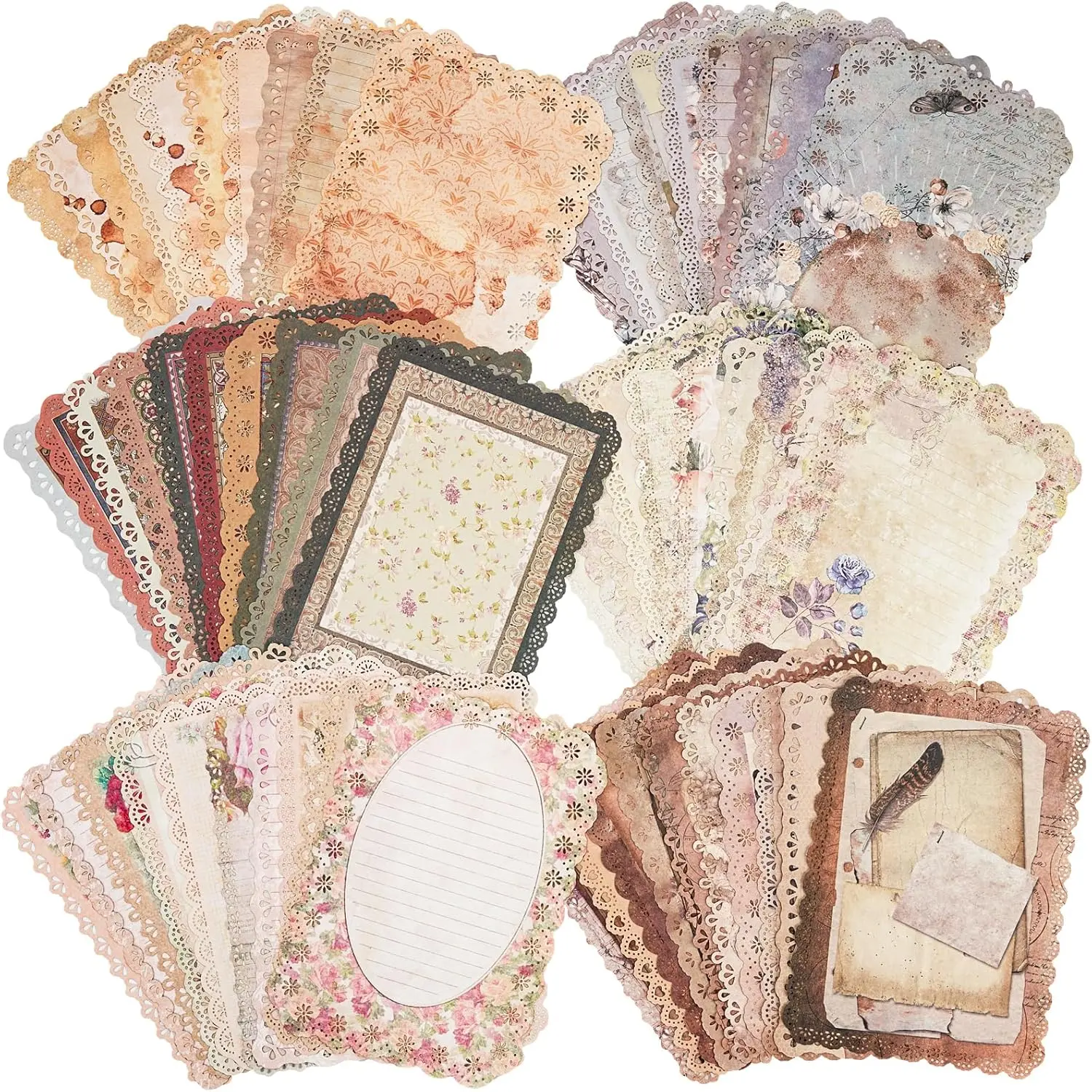 60 Sheets Lace Edged Scrapbook Stationery Paper Assorted Set,Vintage Paper for Letter Writing Scrapbooking Embellishments Planner Bullet Junk Journal Supplies Collage Background,Hand Tools Kits
