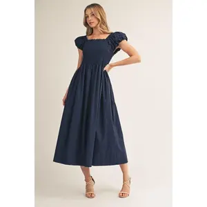Jodifl Solid Puffed Cap Sleeve Smocked Bodice Midi Dress