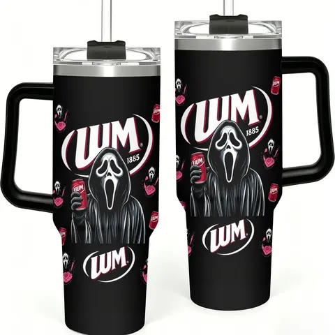 Ghostface Tumbler, 20oz & 40oz Black Stainless Steel Insulated Travel Mug, Scream Horror Movie Design, Spooky Fan Art, Perfect for Halloween, Horror Movie Nights
