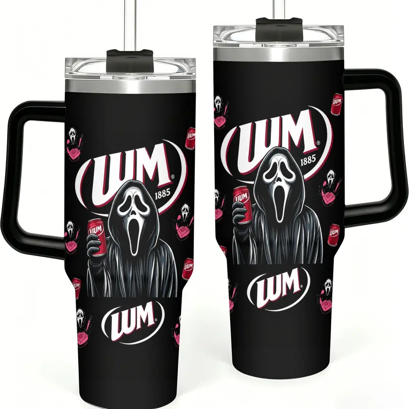 Ghostface Tumbler, 20oz & 40oz Black Stainless Steel Insulated Travel Mug, Scream Horror Movie Design, Spooky Fan Art, Perfect for Halloween, Horror Movie Nights
