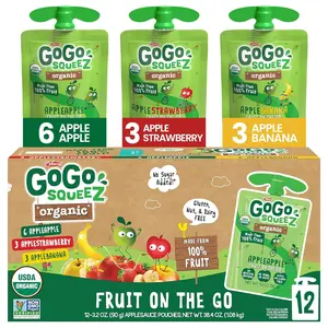 GoGo squeeZ Organic Applesauce and Fruit Puree, Variety Pack, Apple, Strawberry & Banana, 3.2 oz (Pack of 12), Unsweetened Organic Fruit Snacks for Kids, No Gluten, Nut & Dairy, BPA Free Pouches