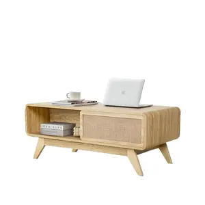Giratree 39.37"W×21.65"D×16.53"H Modern Wood Storage Coffee Table, Sliding Linen Woven Door & Solid Wood Legs, Farmhouse Style, for Living Room/Office/Apartment, Hidden Storage, Easy Assembly