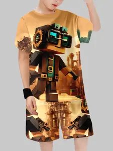 Kids' Game Style Mechanical Block Short Sleeve Jumpsuit, Summer Breathable Fitted Shorts, Unisex Casual Random Print Pants