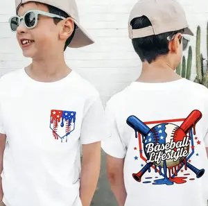 Youth Baseball Drip American Flag Home Plate 4th Of July Patriotic T-Shirt, Boys Girls Cotton Tops Short Sleeve, Street Style Short Sleeve Tee, Baseball Life Style Apparel Youth Drip Baseball T-Shirt
