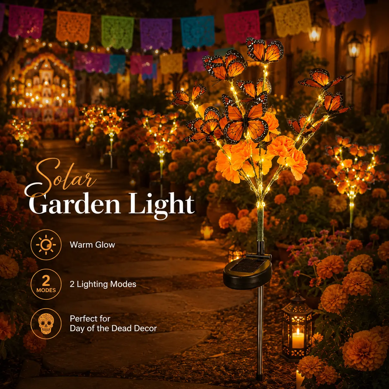 Solar Marigold & Butterfly Garden Stake Lights, Artificial Flower Solar Outdoor Lights, Decorative Yard Pathway Lights for Lawn Garden Patio and Landscape Decor