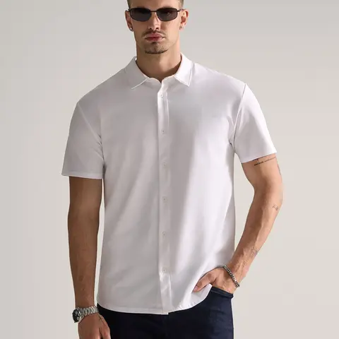 BYLT Basics LUX Men's Short Sleeve Button-Down Casual Top - Business Casual Fabric, Drop Hem, Mensfashion, Shape-Holding Drape, Relaxed Fit