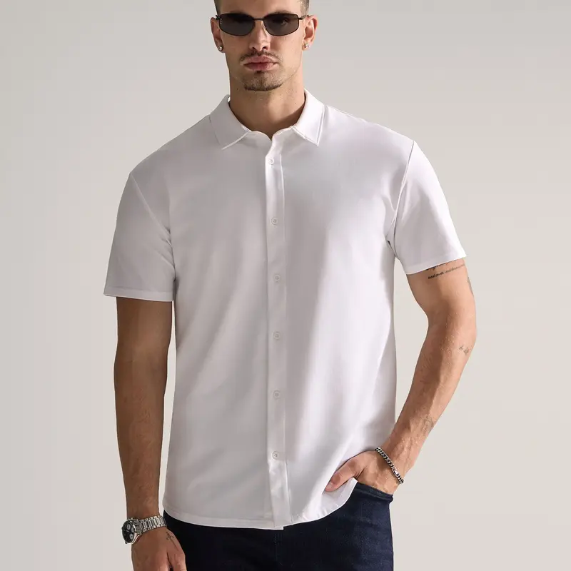 BYLT Basics LUX Men's Short Sleeve Button-Down Casual Top - Business Casual Fabric, Drop Hem, Mensfashion, Shape-Holding Drape, Relaxed Fit