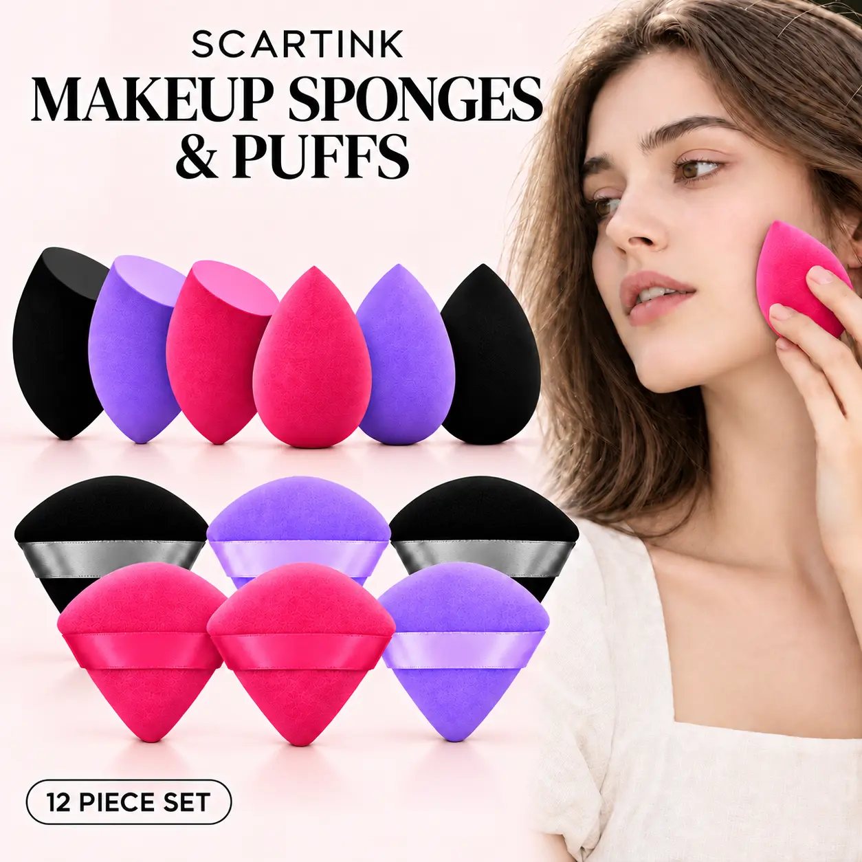 SCARTINK Makeup Sponge 12PCS, Soft & Bouncy Beauty Blender Sponges, Teardrop Makeup Sponges Powder Puffs with Finger Strap, Seamless Foundation Blending, Concealer, Setting Powder & Contour Makeup Applicator
