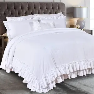 White Ruffled Comforter Queen,Lightweight Farmhouse Boho White,Ultra Fluffy Washed Microfiber Comforter 3-(1 White Comforter+2 Ruffle Pillow Shams)