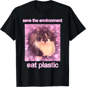 100% Cotton Tee Save The Environment Eat Plastic Funny Cute Cat Meme T-Shirt Men's Breathable T-Shirt with Look