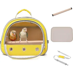 Lightweight Transparent Ventilation Bird Carrier Backpack for Small Birds Parakeet Parrot Budgie Cockatiels, Travel Bird Cage with Perch for Outdoor Use (Yellow)