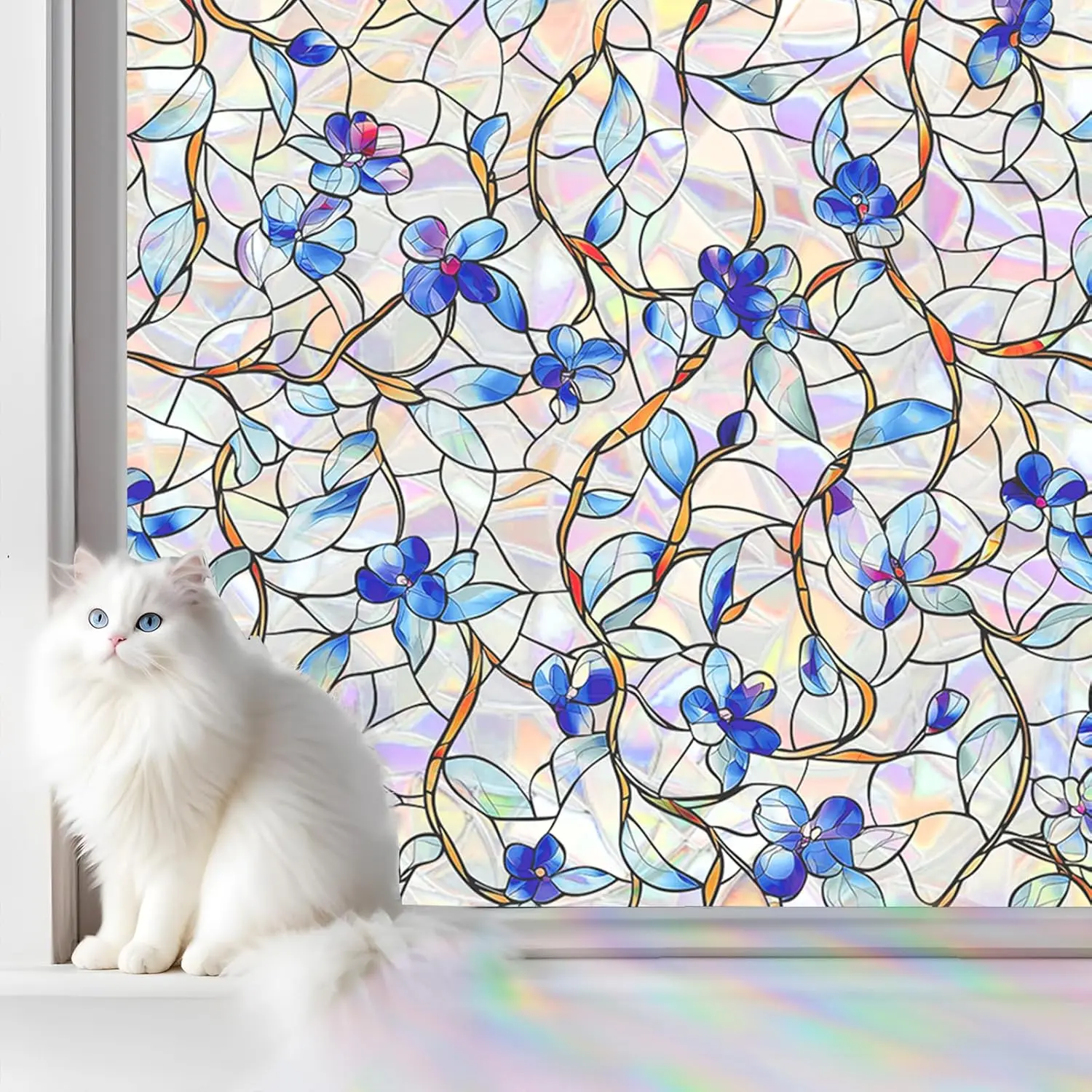 Rainbow Stained Glass Window Privacy Film,Heat Blocking Save Energy | Static Cling & Removable, UV & Sun Blocking Anti-Glare, Renter Friendly for Front Door & Bathroom, Easy to install,17.5x 78.5