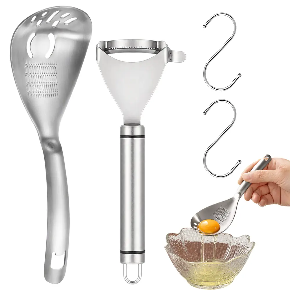 4Pcs 304 Stainless Steel Kitchen Gadget Set, Ginger Garlic Grater Spoon with Drain Hole, Corn Stripper Peeler & 2 Hanging Hooks, Multi-Functional Food Prep Tool, Dishwasher Safe for Home Cooking